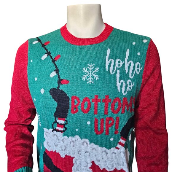 Novelty Ugly Christmas Sweater Crewneck Sz L - NWOT - Bottoms Up Santa Funny - Picture 2 of 7